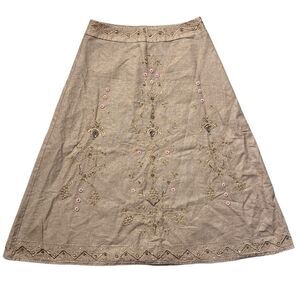 dressbarn beaded floral skirt brown Boho Embroidered linen blend midi Sz 6